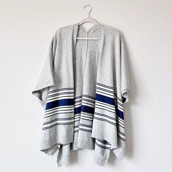 GAP Gray Western Wrap Poncho Cardigan Cape Wool Camel Hair Blend Blue Stripes - Picture 2 of 11
